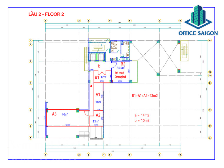 Bản vẽ phân bố diện tích cho thuê tại lầu 2 cao ốc Cavi building
