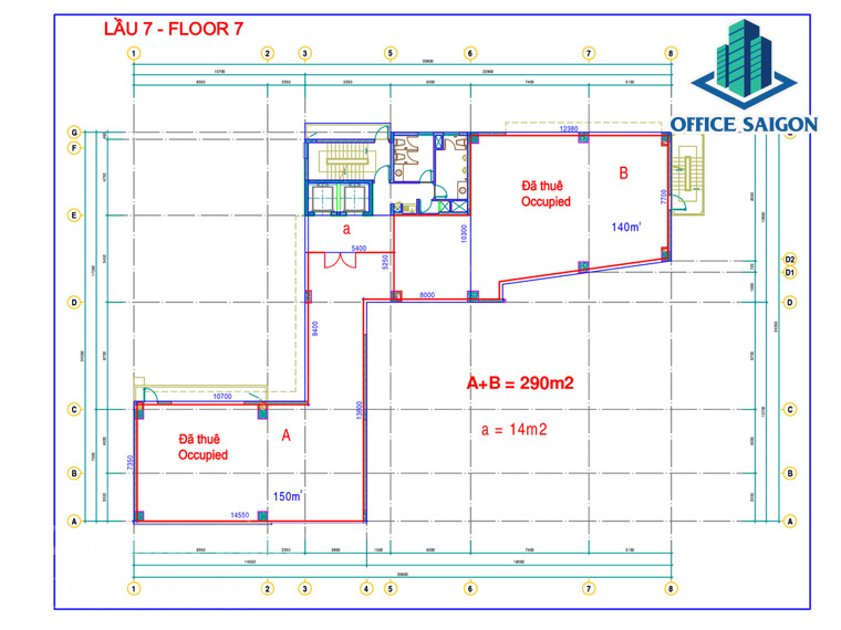 Bản vẽ phân bố diện tích cho thuê tại lầu 7 cao ốc Cavi building