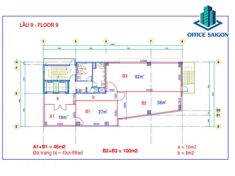Bản vẽ phân bố diện tích cho thuê tại lầu 9 cao ốc Cavi building