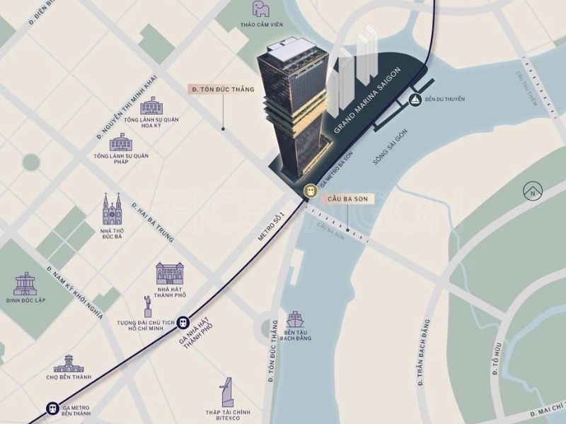 Vị trí Saigon Marina IFC gần sông Sài Gòn và cầu Ba Son